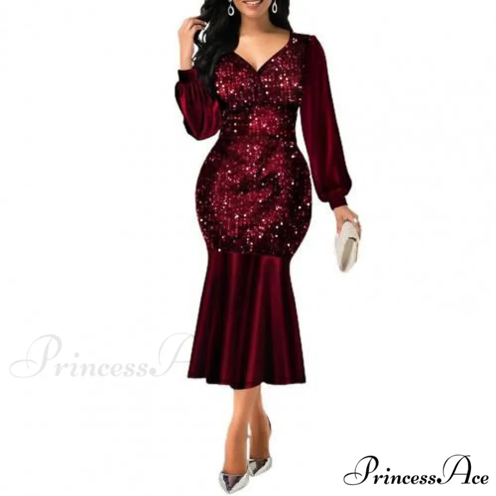 Sequin V Neck Shiny Long Sleeve Patchwork Dress
