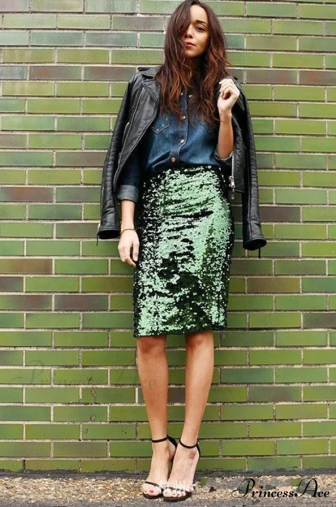 Sequin Zipper Package Hip Slim Pencil Skirt