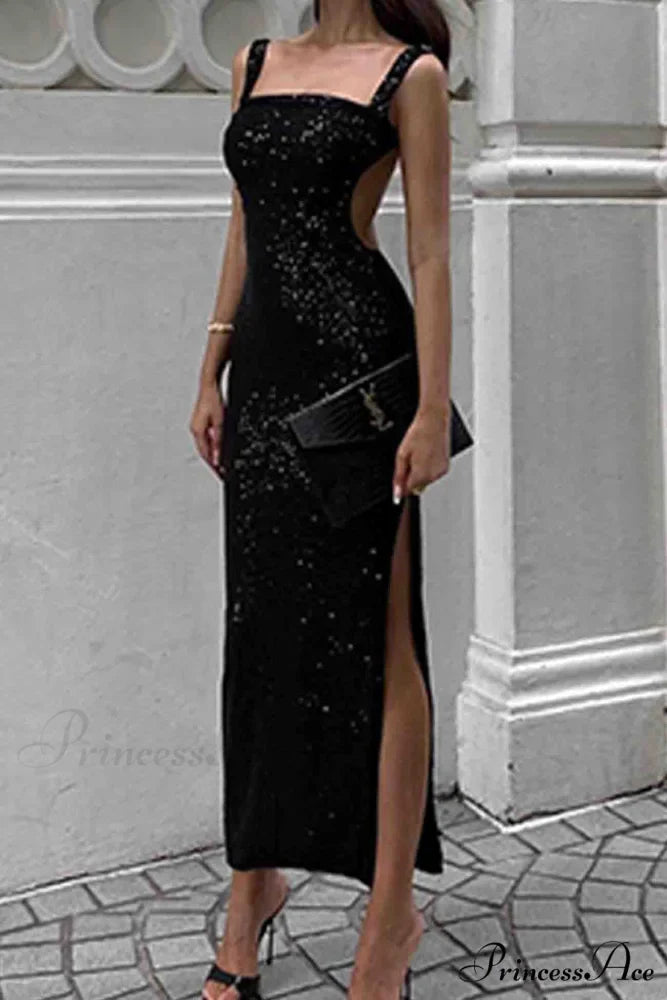 Sequined Backless Dress with Irregular Straps