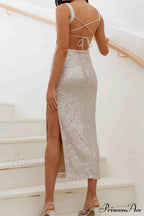 Sequined Backless Dress with Irregular Straps