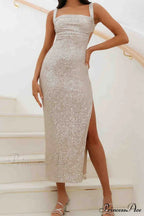 Sequined Backless Dress with Irregular Straps