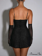 Sequined Black Stylish Slit Mini Dress