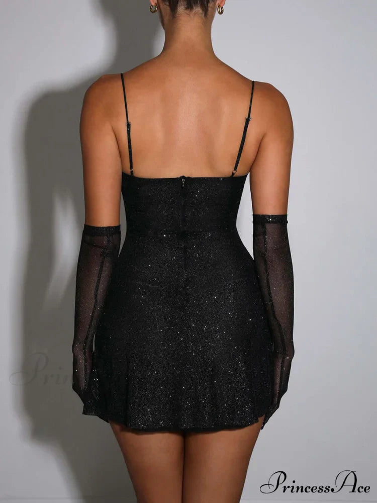 Sequined Black Stylish Slit Mini Dress
