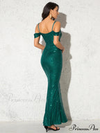 Sequined Deep V Maxi Party Dress