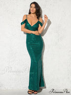 Sequined Deep V Maxi Party Dress