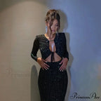 Sequined Hollow Long-sleeved Body-hugging Party-ready Clubwear Sensual Midi Dress