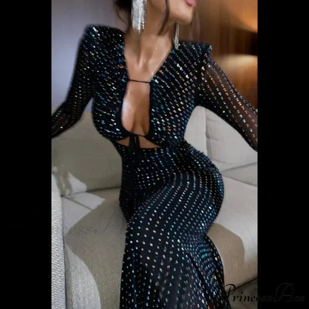 Sequined Hollow Long-sleeved Body-hugging Party-ready Clubwear Sensual Midi Dress