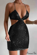 Sequined V Neck Backless Cutout Dress