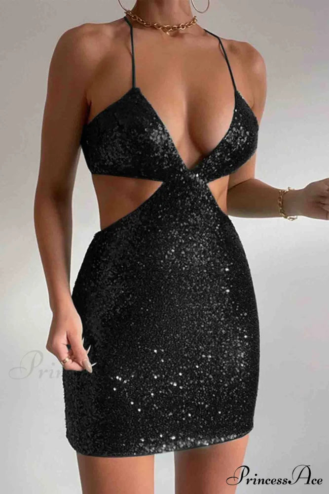 Sequined V Neck Backless Cutout Dress