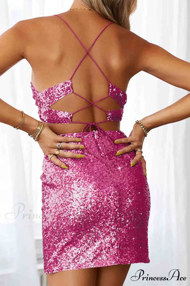 Sequined V Neck Backless Cutout Dress