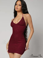Sequins Backless Sleeveless Cowl Neck Halter Draped Mini Dress