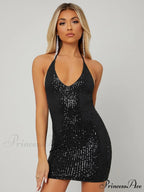 Sequins Backless Sleeveless Cowl Neck Halter Draped Mini Dress