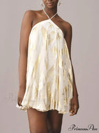Sequins Hanging Neck Halter Graceful Print Swing Mini Dress