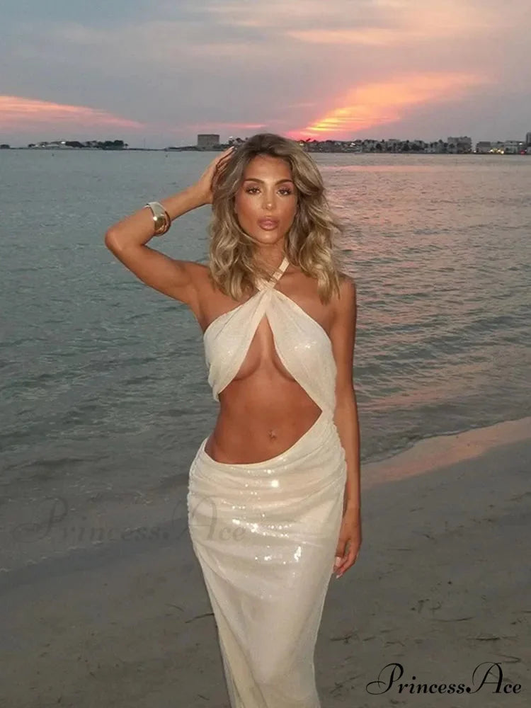 Sequins Hollow Out Halter Party Dress