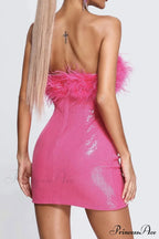Sequins Pack Hip Dress with Fuzzy Strapless Design