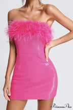 Sequins Pack Hip Dress with Fuzzy Strapless Design