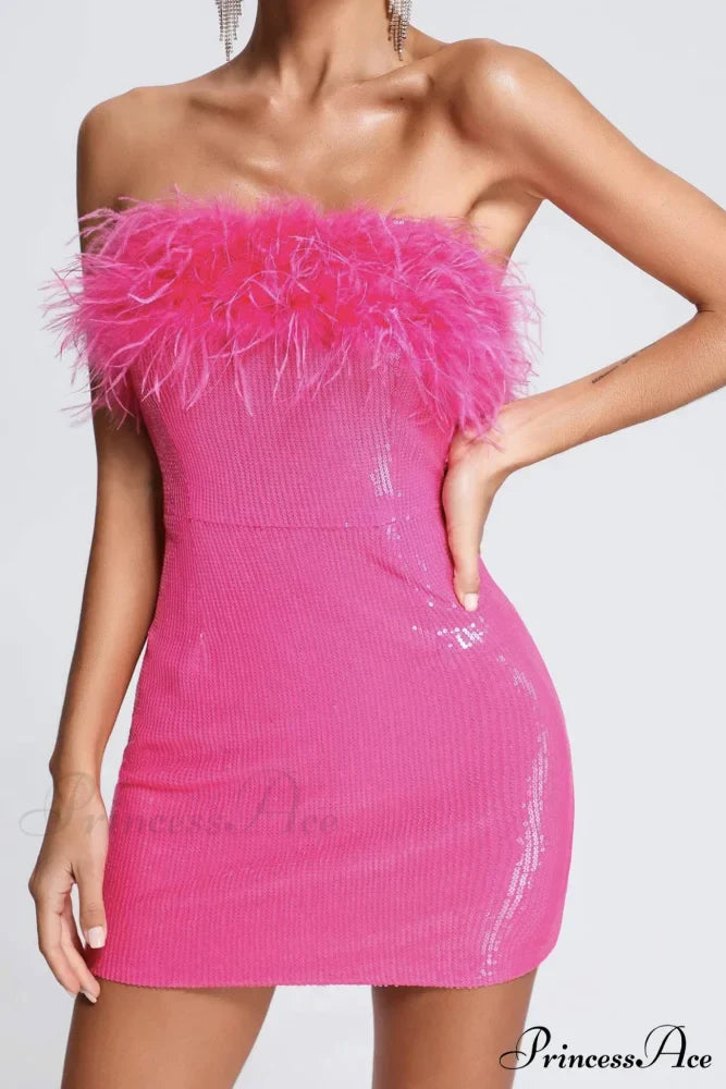 Sequins Pack Hip Dress with Fuzzy Strapless Design