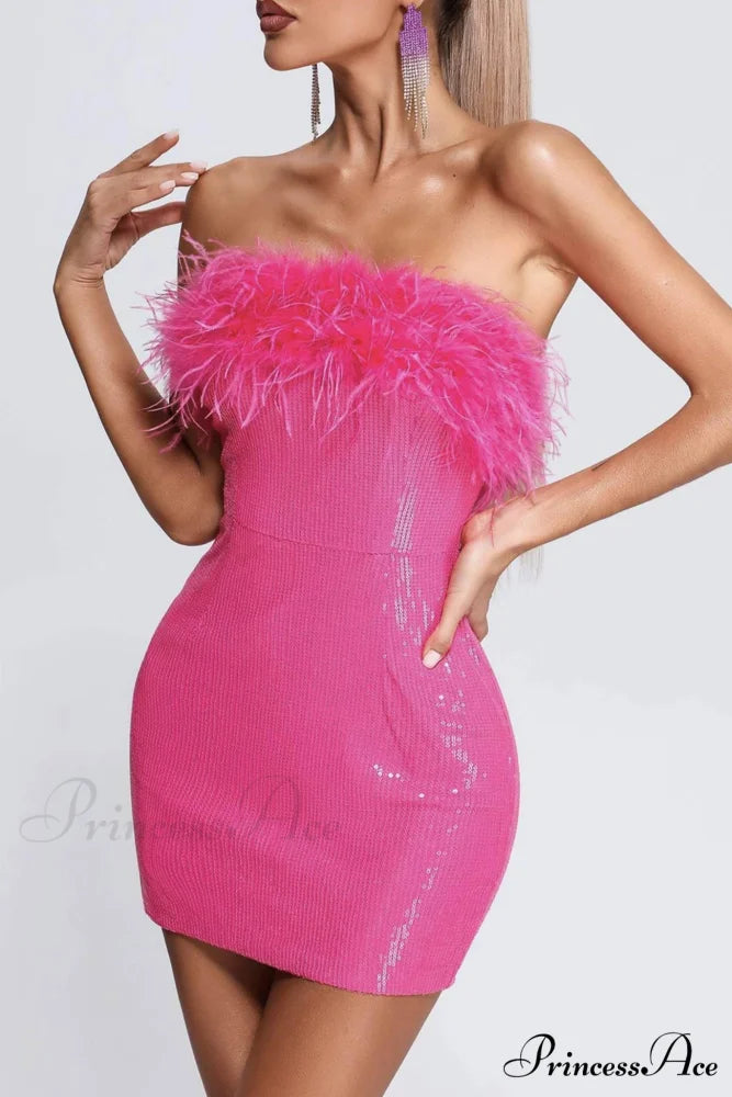 Sequins Pack Hip Dress with Fuzzy Strapless Design