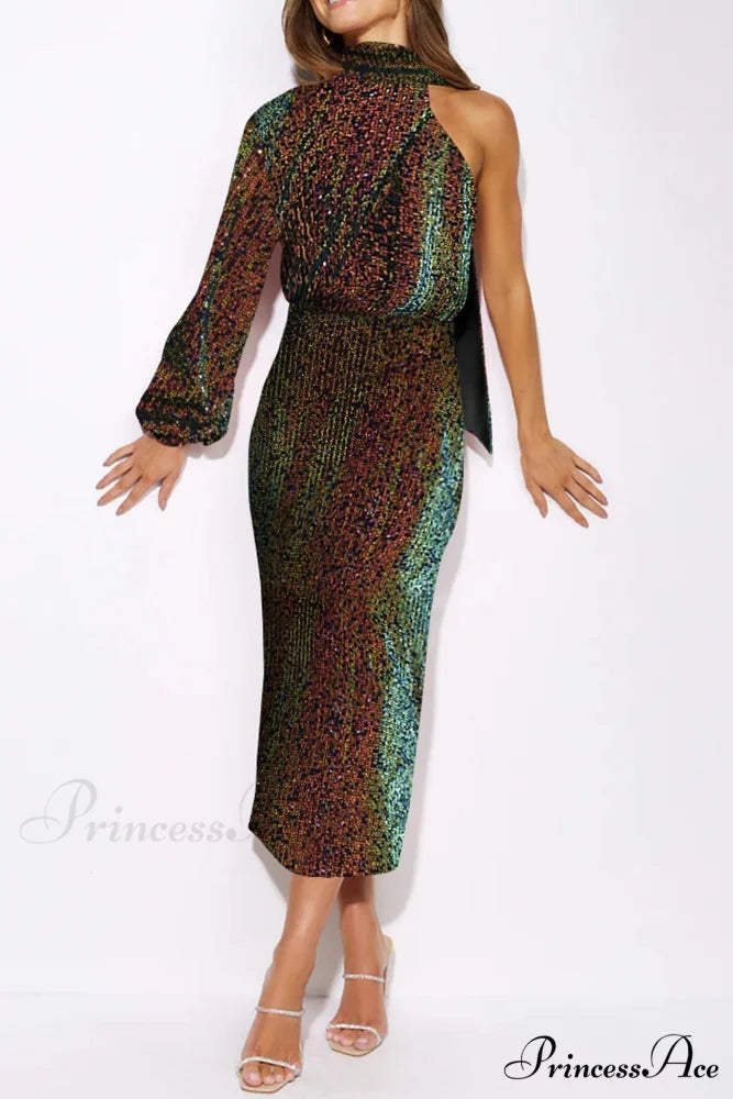 Sequins Scarf One Shoulder Dress with Slit
