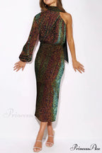 Sequins Scarf One Shoulder Dress with Slit