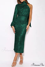 Sequins Scarf One Shoulder Dress with Slit