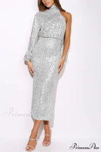 Sequins Scarf One Shoulder Dress with Slit