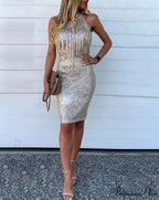 Sequins Sleeveless Halter Tassel Design Bodycon Party Evening Dress