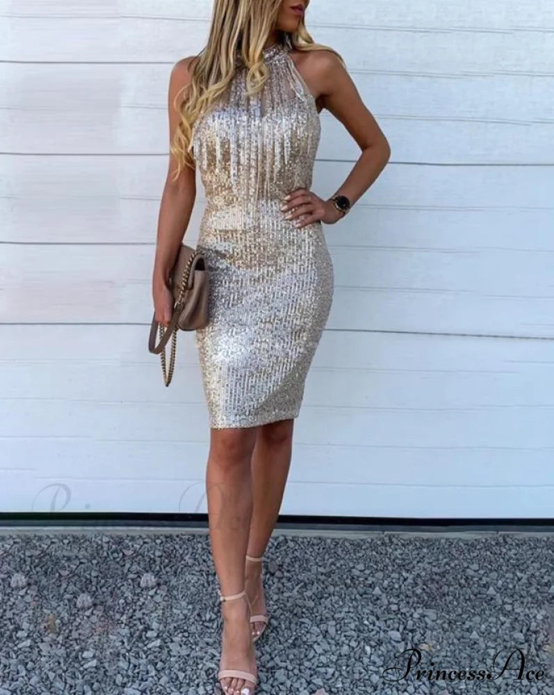 Sequins Sleeveless Halter Tassel Design Bodycon Party Evening Dress