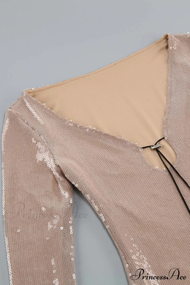 Sequins V Neck Flares Sleeve Pack Hip Dress