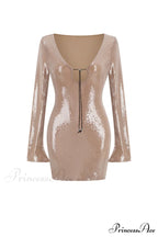 Sequins V Neck Flares Sleeve Pack Hip Dress