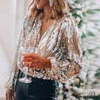 Sequins V Neck Office Lady Lantern Sleeve Blouse