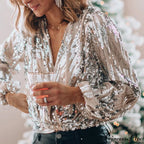 Sequins V Neck Office Lady Lantern Sleeve Blouse