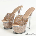 Sexy 20CM Platform Sequined Transparent Summer Open-Toe Slippers High Heel