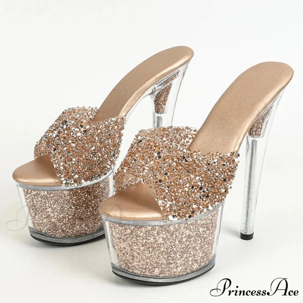 Sexy 20CM Platform Sequined Transparent Summer Open-Toe Slippers High Heel