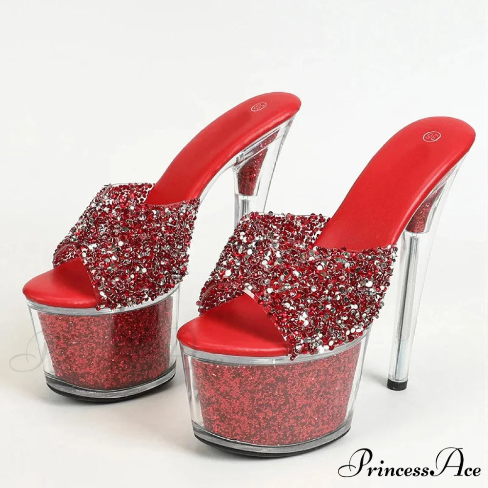 Sexy 20CM Platform Sequined Transparent Summer Open-Toe Slippers High Heel