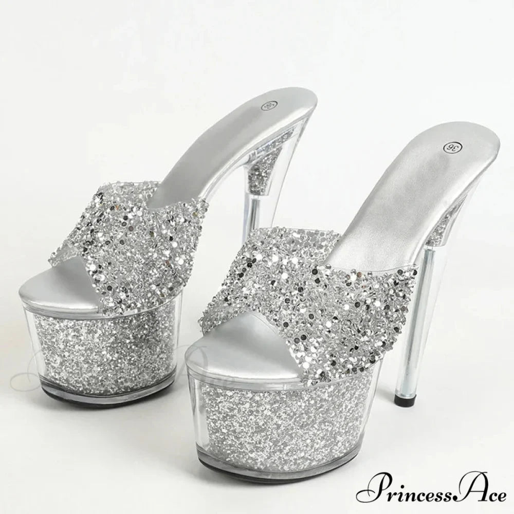 Sexy 20CM Platform Sequined Transparent Summer Open-Toe Slippers High Heel