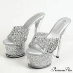 Sexy 20CM Platform Sequined Transparent Summer Open-Toe Slippers High Heel