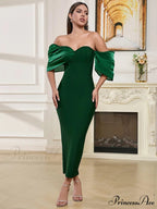 Sexy Asymmetric Sleeves Off Shoulder Bandage Green Slash Neck Christmas Party Dress