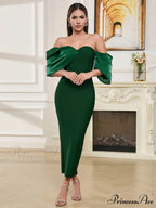 Sexy Asymmetric Sleeves Off Shoulder Bandage Green Slash Neck Christmas Party Dress