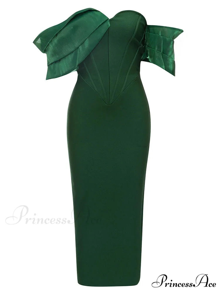 Sexy Asymmetric Sleeves Off Shoulder Bandage Green Slash Neck Christmas Party Dress