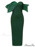 Sexy Asymmetric Sleeves Off Shoulder Bandage Green Slash Neck Christmas Party Dress