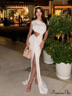 Sexy Asymmetrical Neck Hollow Out White Sleeveless Split Ruched Christmas Party Dress