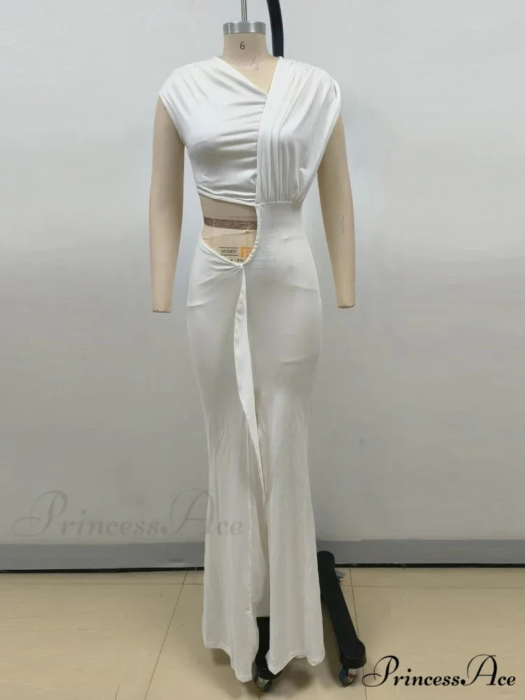 Sexy Asymmetrical Neck Hollow Out White Sleeveless Split Ruched Christmas Party Dress
