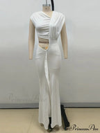 Sexy Asymmetrical Neck Hollow Out White Sleeveless Split Ruched Christmas Party Dress