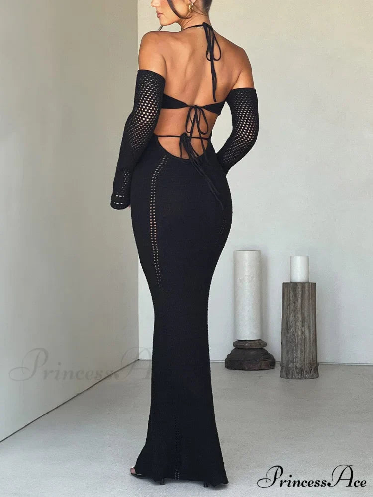 Sexy Backless Suspender Slim Graceful Hollow Long Sleeve Dress