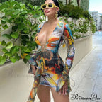 Sexy Bandage Lace Up Deep V Long Sleeve Mini Dress