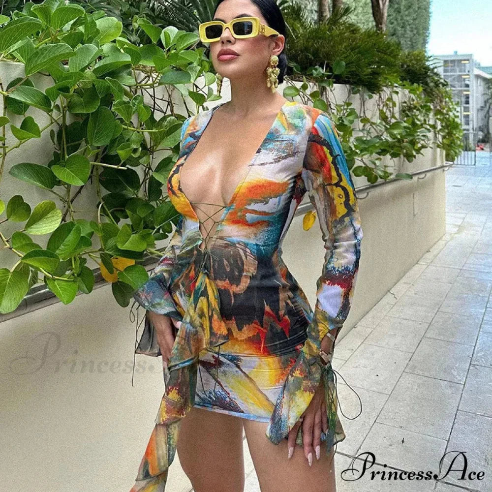 Sexy Bandage Lace Up Deep V Long Sleeve Mini Dress