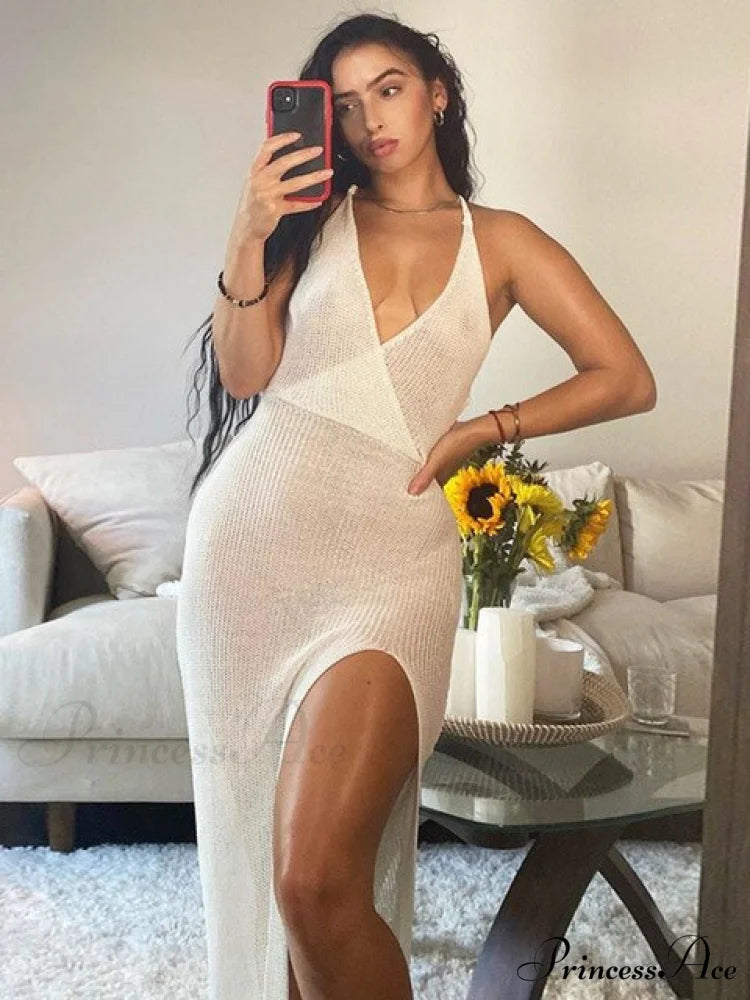 Sexy Beach Backless Cover Up Knitted Maxi Dress