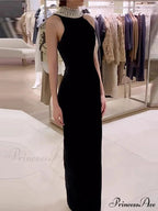 Sexy Black Velvet Halter Neck Pearl Chain Long Dress Maxi Christmas Party Dress