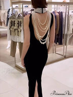 Sexy Black Velvet Halter Neck Pearl Chain Long Dress Maxi Christmas Party Dress